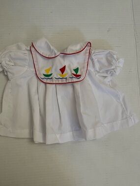 White Girls' Sailboat Bib-Front Dress with Red Trim
